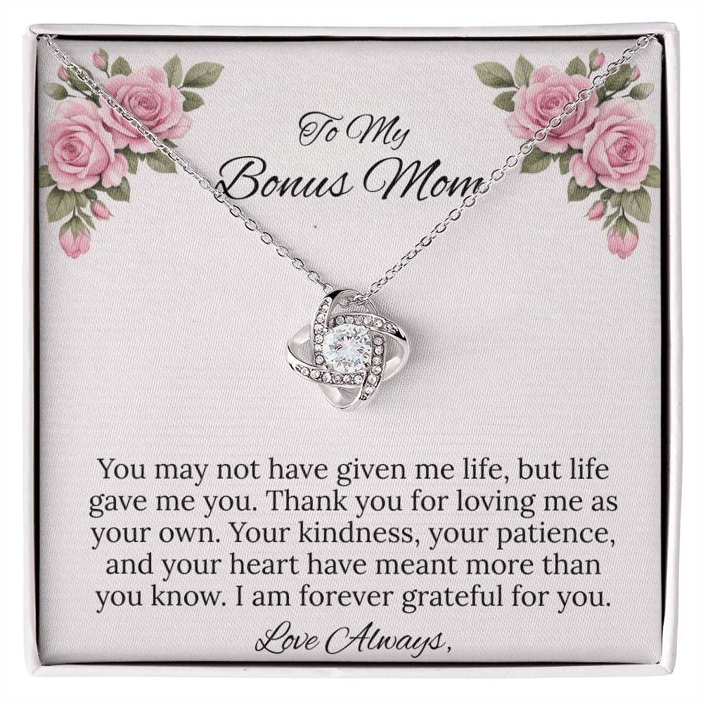 To My Bonus Mom Love Knot Necklace in Luxury or Standard Black & White Box