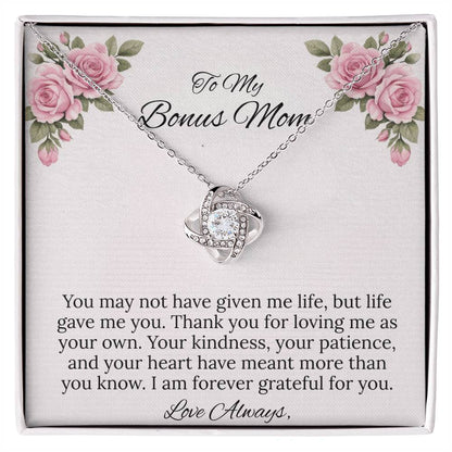 To My Bonus Mom Love Knot Necklace in Luxury or Standard Black & White Box