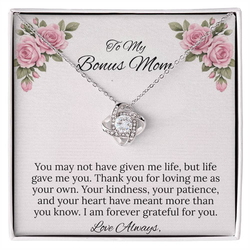 To My Bonus Mom Love Knot Necklace in Luxury or Standard Black & White Box