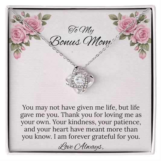 To My Bonus Mom Love Knot Necklace in Luxury or Standard Black & White Box