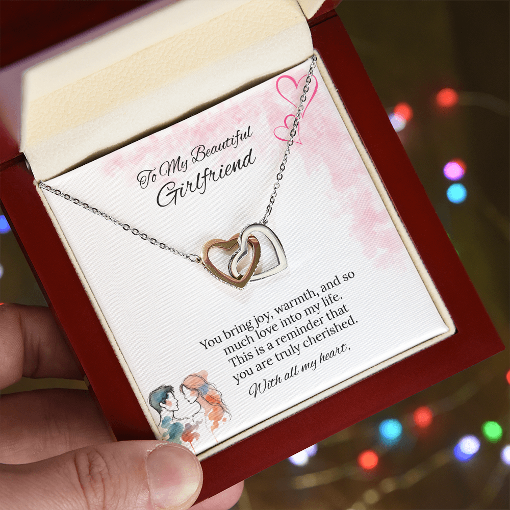 To My Girlfriend Interlocking Hearts Necklace in Luxury or Standard Black & White Box