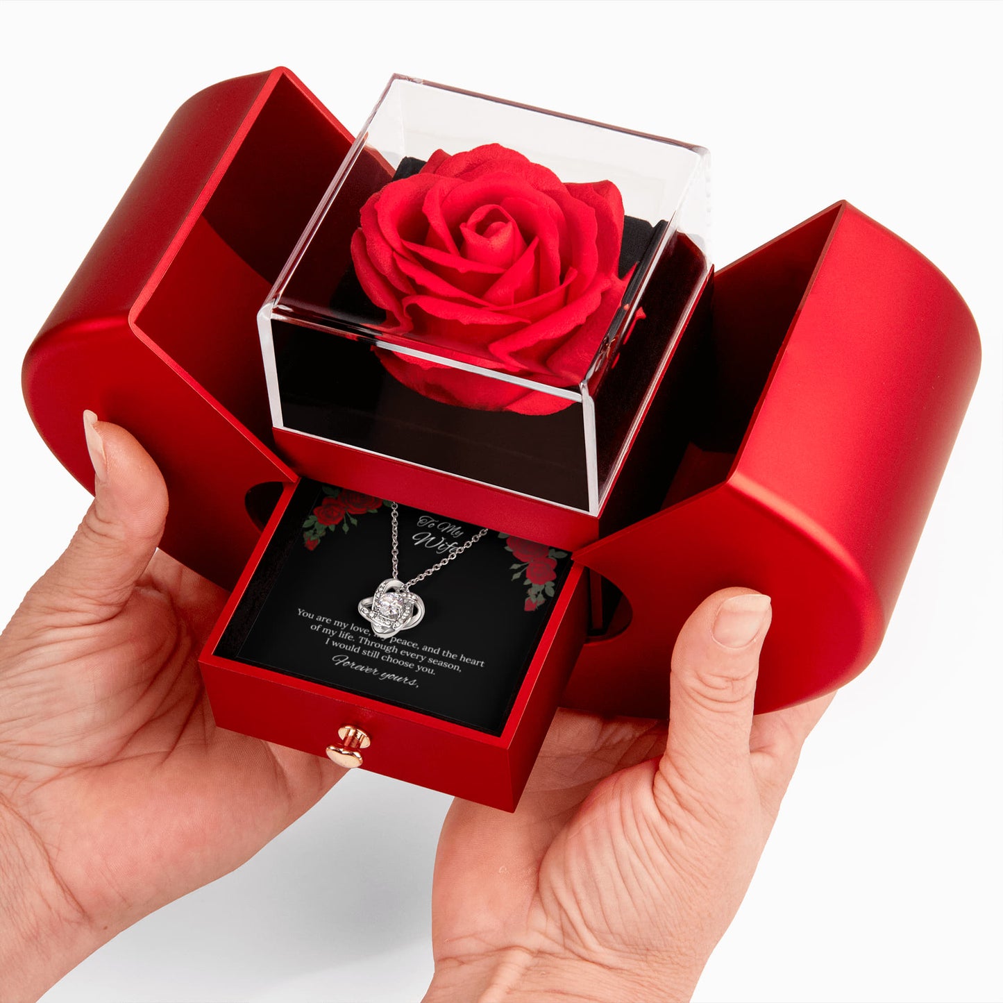 For My Love Eternal Love Knot Necklace in Luxury Red Heart Rose Box
