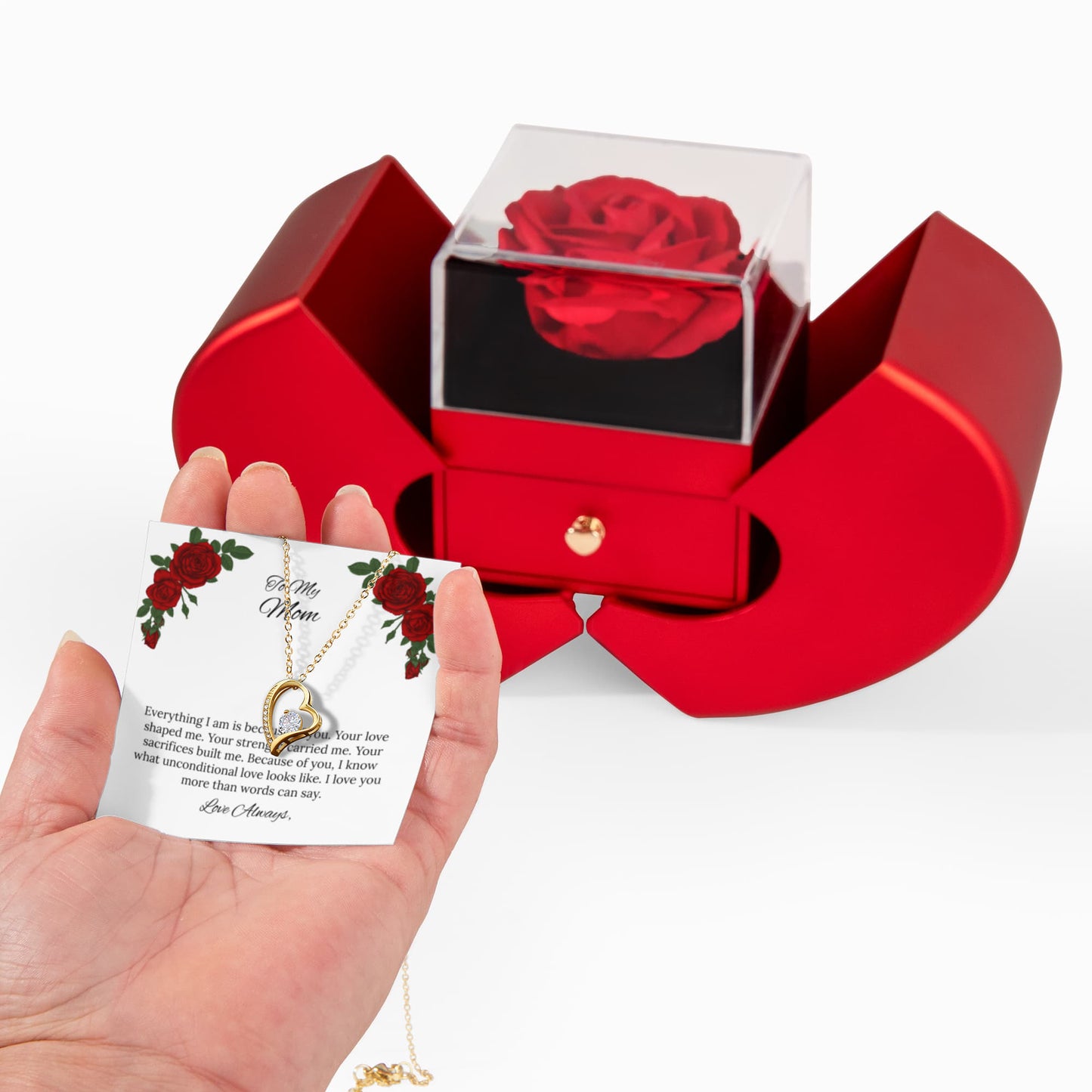 For My Mom Forever Love Necklace in Luxury Red Heart Rose Box