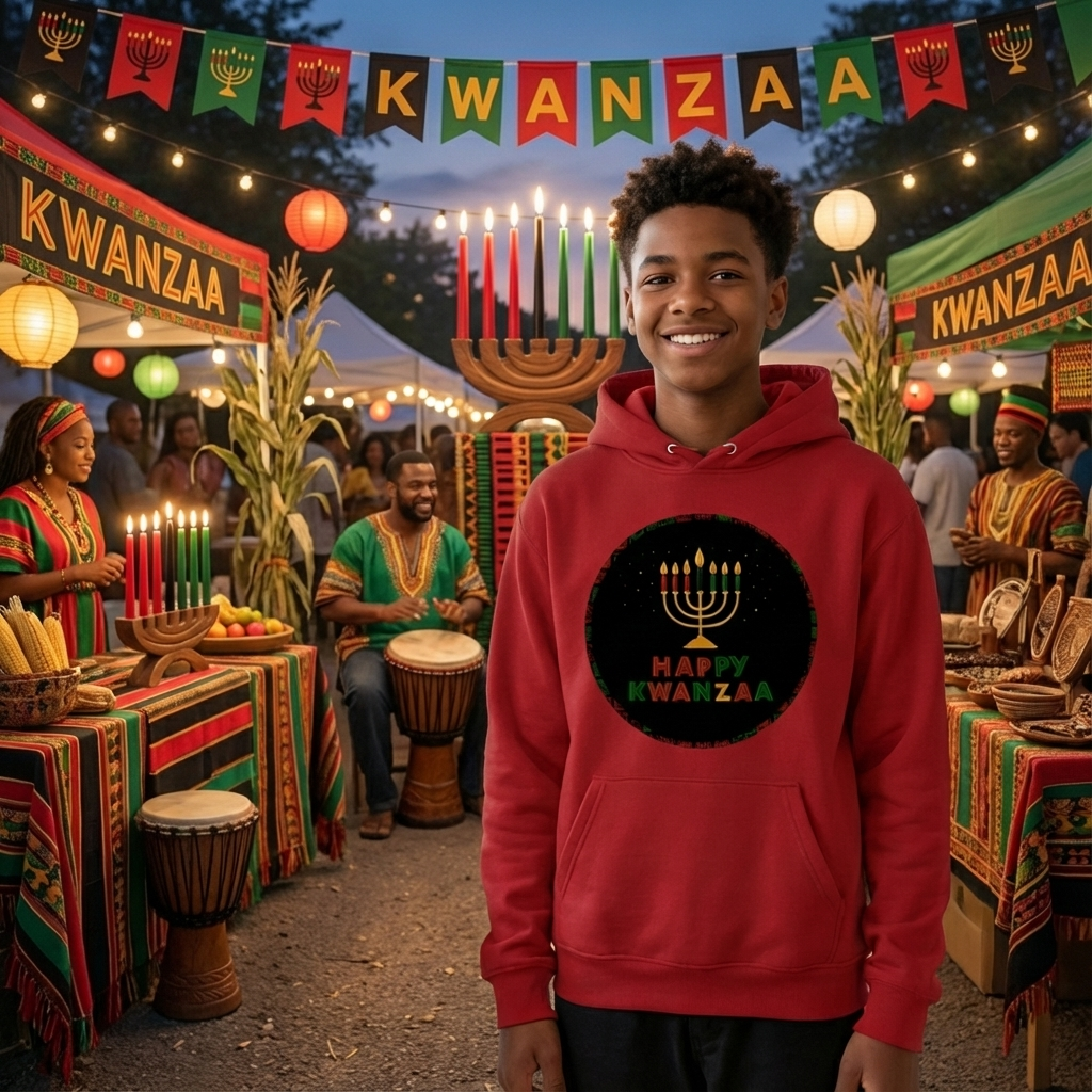 Happy Kwanzaa Unisex Hoodie for Entire Family – Circle Kinara Design  - Youth