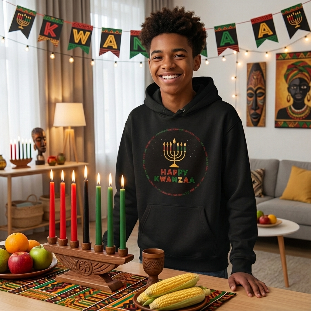 Happy Kwanzaa Unisex Hoodie for Entire Family – Circle Kinara Design  - Youth