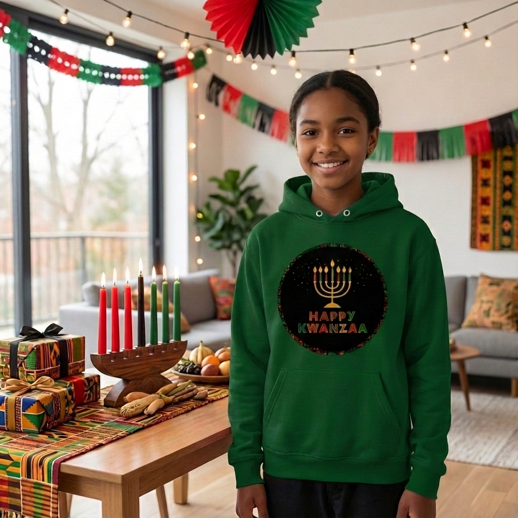 Happy Kwanzaa Unisex Hoodie for Entire Family – Circle Kinara Design  - Youth