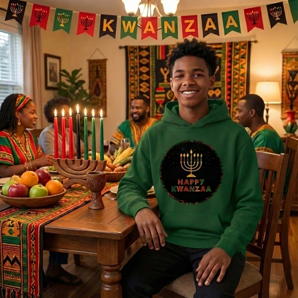 Happy Kwanzaa Unisex Hoodie for Entire Family – Circle Kinara Design  - Youth